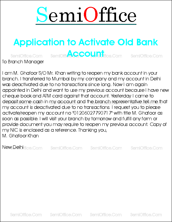 Dormant Account Activation Request Letter